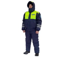 Зимний костюм ДПС нового образца - Костюм зимний ДПС нового образца (приказ №777) с сигнальной вставкой имеет зимнюю куртку и полукомбинезон. Полукомбинезон  предназначен для ношения в холодное время года, имеет два боковых кармана на молнии, а также молн