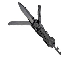 Карманный мультитул Tactical 20 в 1 с набором бит и чехлом (корпус из нержавеющей стали 420; набор бит из инструментальной стали S2; функционал: нож, пила, консервный нож, открывалка для бутылок, стропорез, стеклобой, свисток, огниво, держатель для бит, с