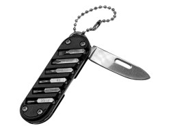 Многофункциональный нож брелок Tactical с набором бит (нержавеющая сталь AISI 420; складной нож; держатель для бит; сменные биты: Torx T8, крестовая отвертка Phillips PH1, крестовая отвертка Phillips PH00, шестигранная отвертка Hex H3.0, плоская отвертка 