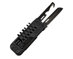 Складной многофункциональный мультитул Tactical 6 в 1 с набором бит, ножом, серрейтором и отвертками (складная конструкция; нож с гладким лезвием; серрейторный нож; магнитный держатель для бит; набор сменных отверток, плоские и крестовые биты; игла для из