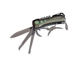 Тактический швейцарский нож – мультитул Tactical 15 в 1 с карабином (нержавеющая сталь 440C; 15 функций: нож, пила по дереву, инструмент для снятия чешуи, экстрактор рыболовных крючков, ножницы, консервный нож, открывалка для бутылок, плоская отвертка, шт