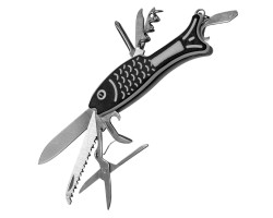 Походный нож мультитул 10-в-1 в форме рыбы (нож 7см; пила 7см; ножницы; открывалка для бутылок; консервный нож; плоская отвертка; штопор; напильник; крестовая отвертка; шило/кернер) №124