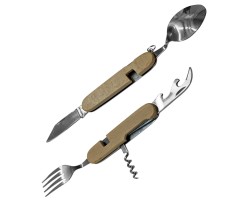 Разборный туристический мультитул со столовыми приборами 6-в-1 (глубокая столовая ложка; вилка полноразмерного формата; нож 70мм; штопор; открывалка для бутылок; консервный нож) №35