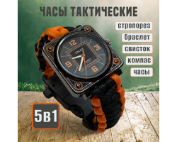 Туристические часы EMAK с браслетом из паракорда - полный функционал для длительных походов в дикой природе - часы, огниво, компас, паракордовый браслет, нож и свисток, надежный японский механизм. Прямая поставка - самая низкая цена в России! №86