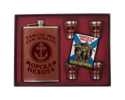 Подарочная фляжка со стопками в кожаных чехлах «Морская пехота» (шеврон морпеха в подарок). Впечатлит даже мужчин, которых трудно удивить №33