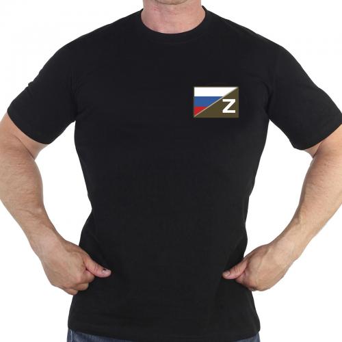Чёрная футболка с термотрансфером "Полевой шеврон Z с триколором"