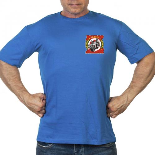 Васильковая футболка с термотрансфером "Отважные Zадачу Vыполнят"